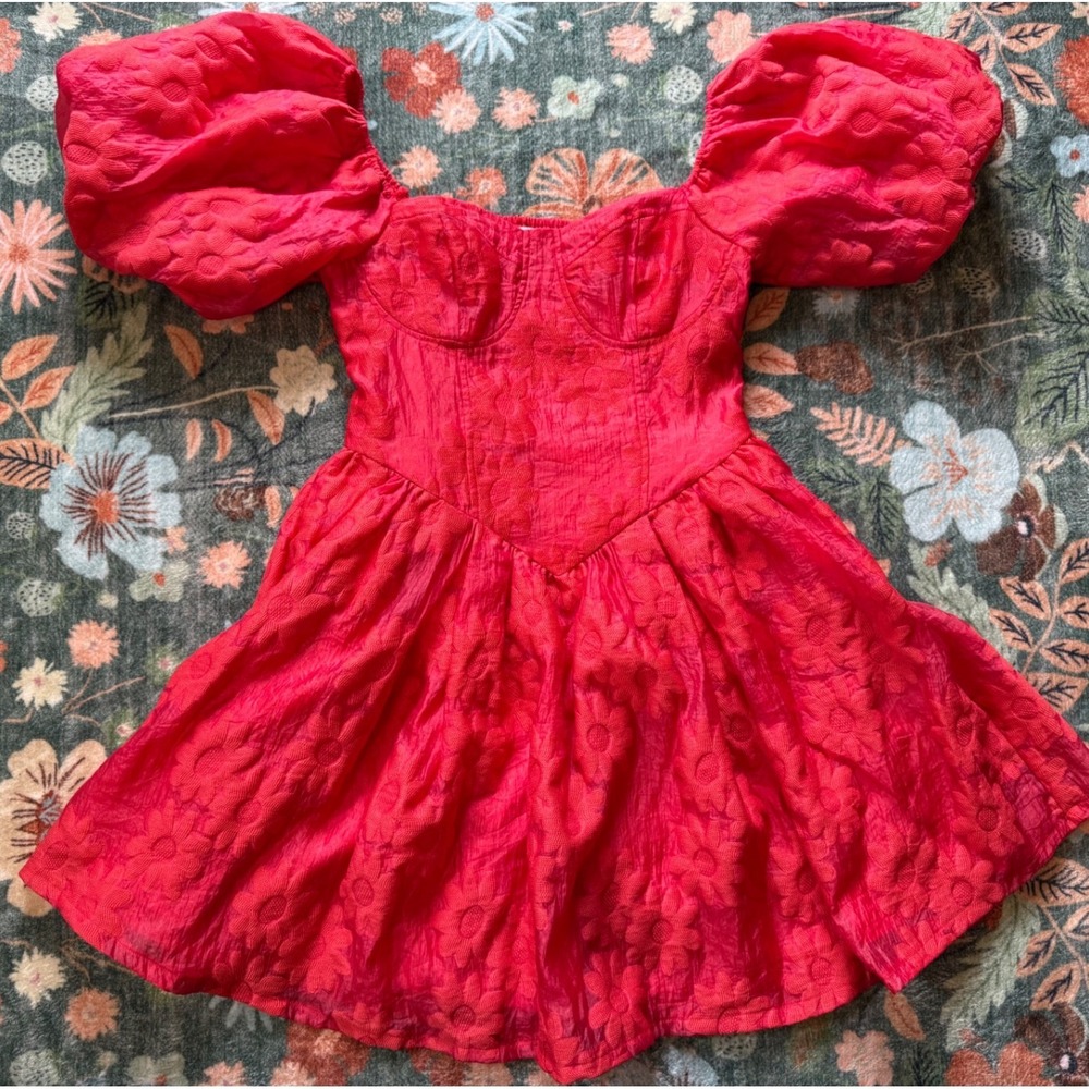 Aeom Red Floral Jacquard Puff Sleeve Corset Mini Dress Womens Small